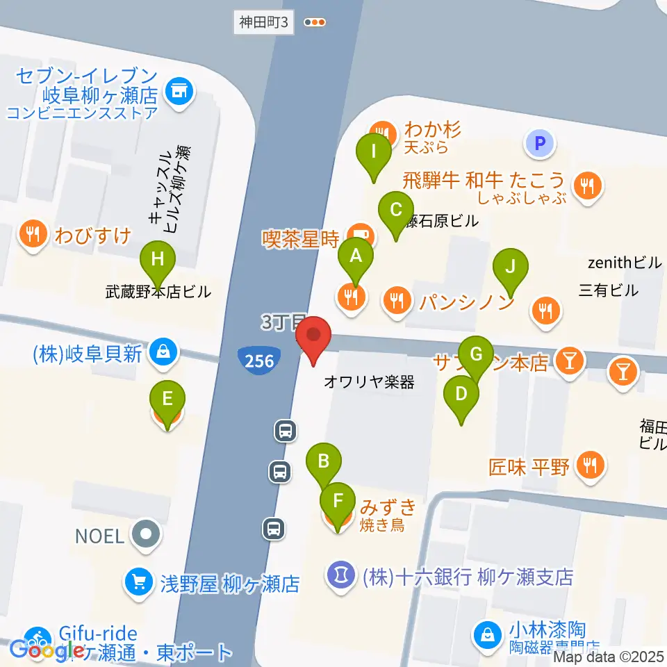 オワリヤ楽器周辺のファミレス・ファーストフード一覧地図