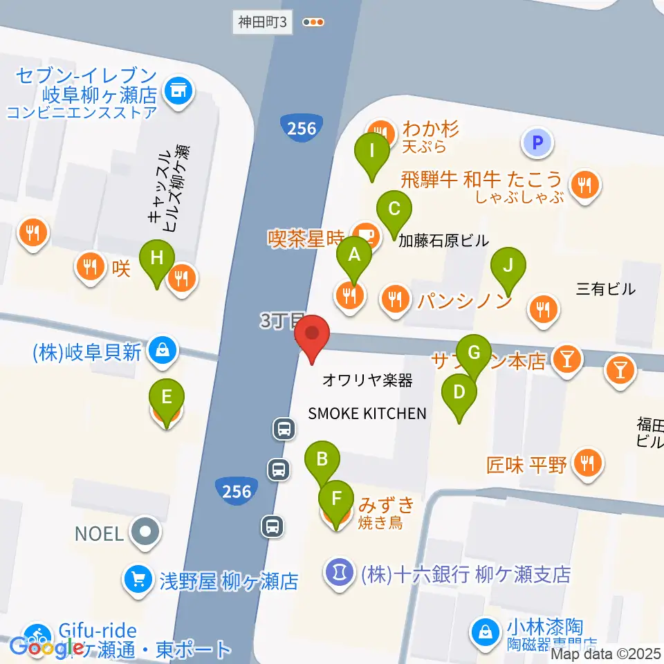 オワリヤ楽器周辺のファミレス・ファーストフード一覧地図