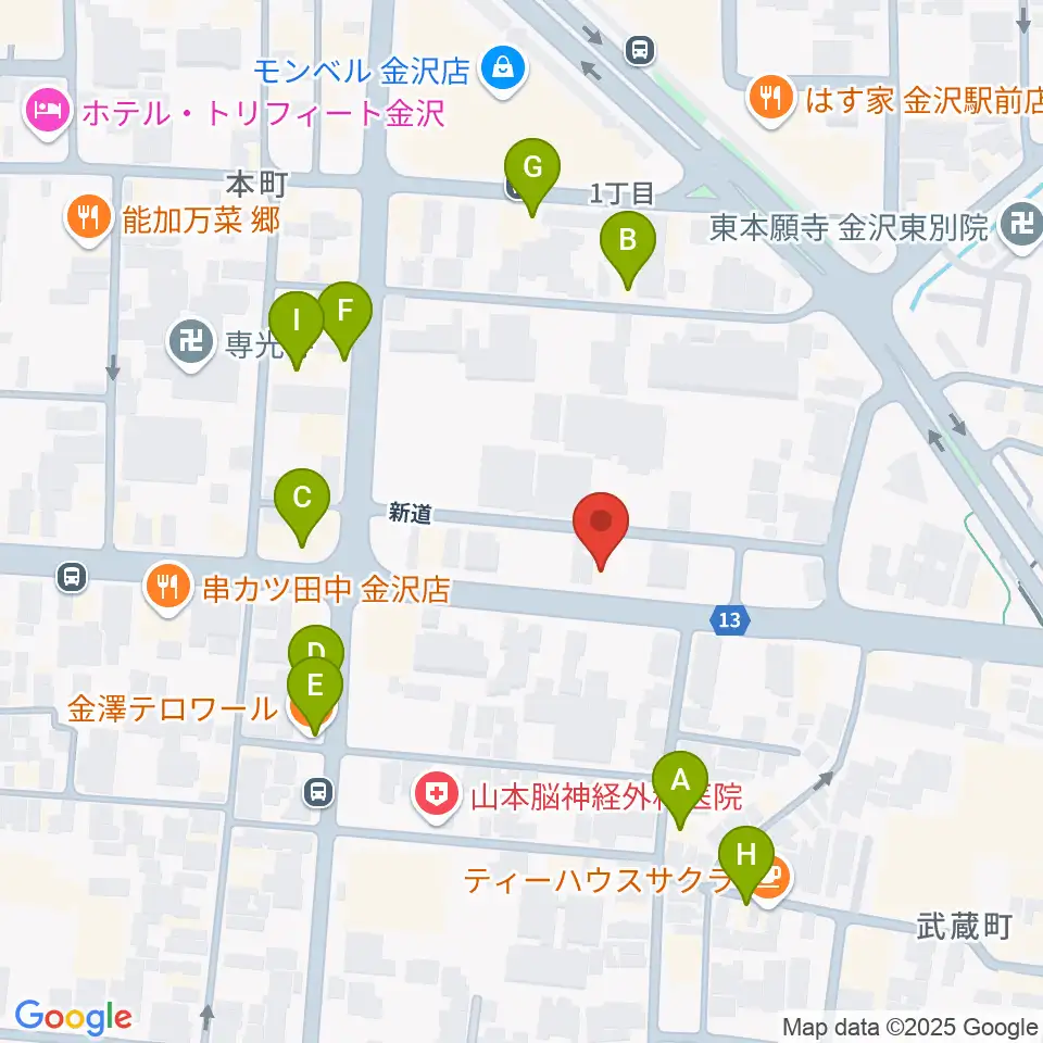 関屋楽器店周辺のファミレス・ファーストフード一覧地図