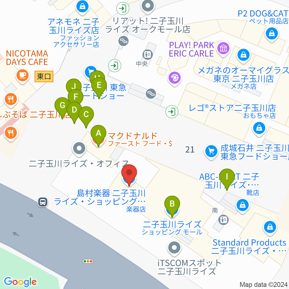 島村楽器 二子玉川ライズ・ショッピングセンター店周辺のファミレス・ファーストフード一覧地図