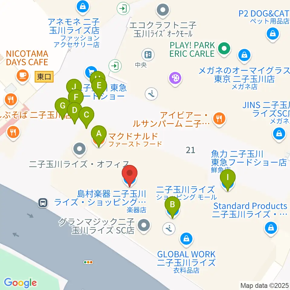 島村楽器 二子玉川ライズ・ショッピングセンター店周辺のファミレス・ファーストフード一覧地図