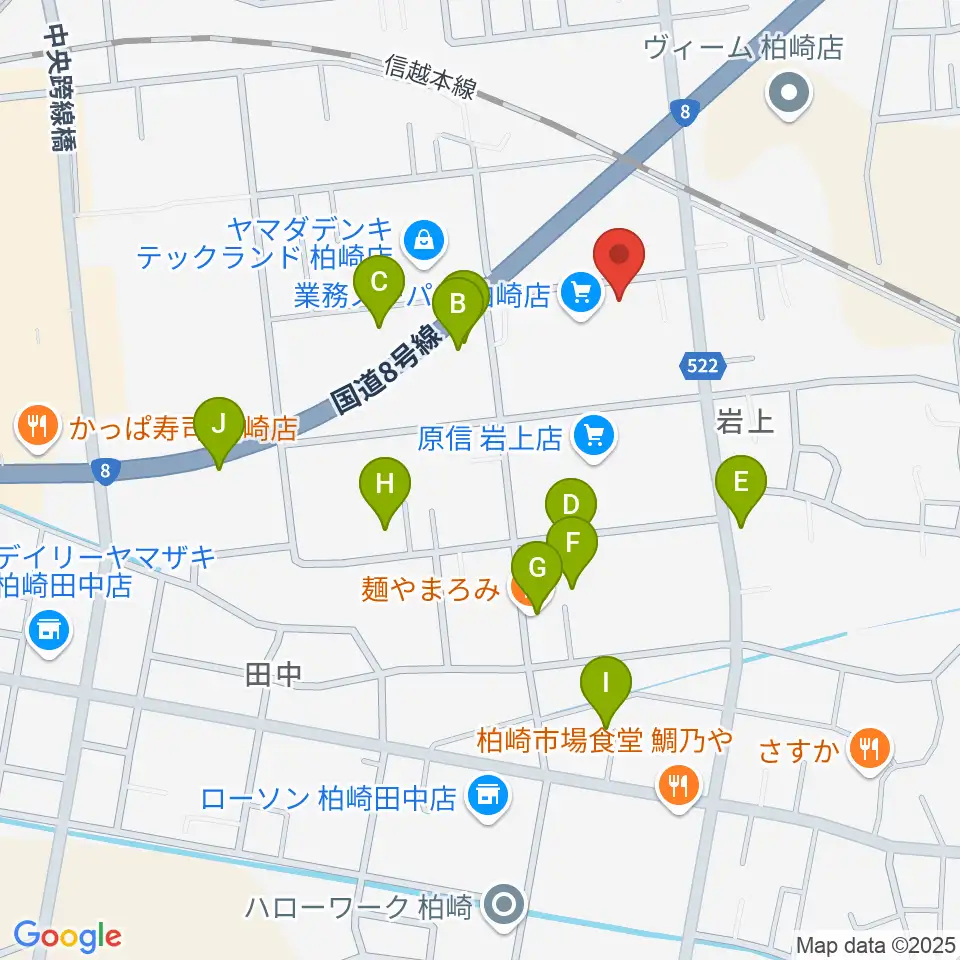 わたじん楽器 柏崎本店ララフィ周辺のファミレス・ファーストフード一覧地図