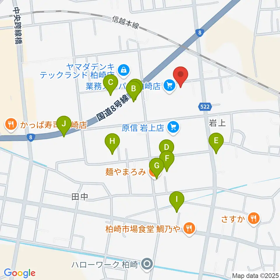 わたじん楽器 柏崎本店ララフィ周辺のファミレス・ファーストフード一覧地図