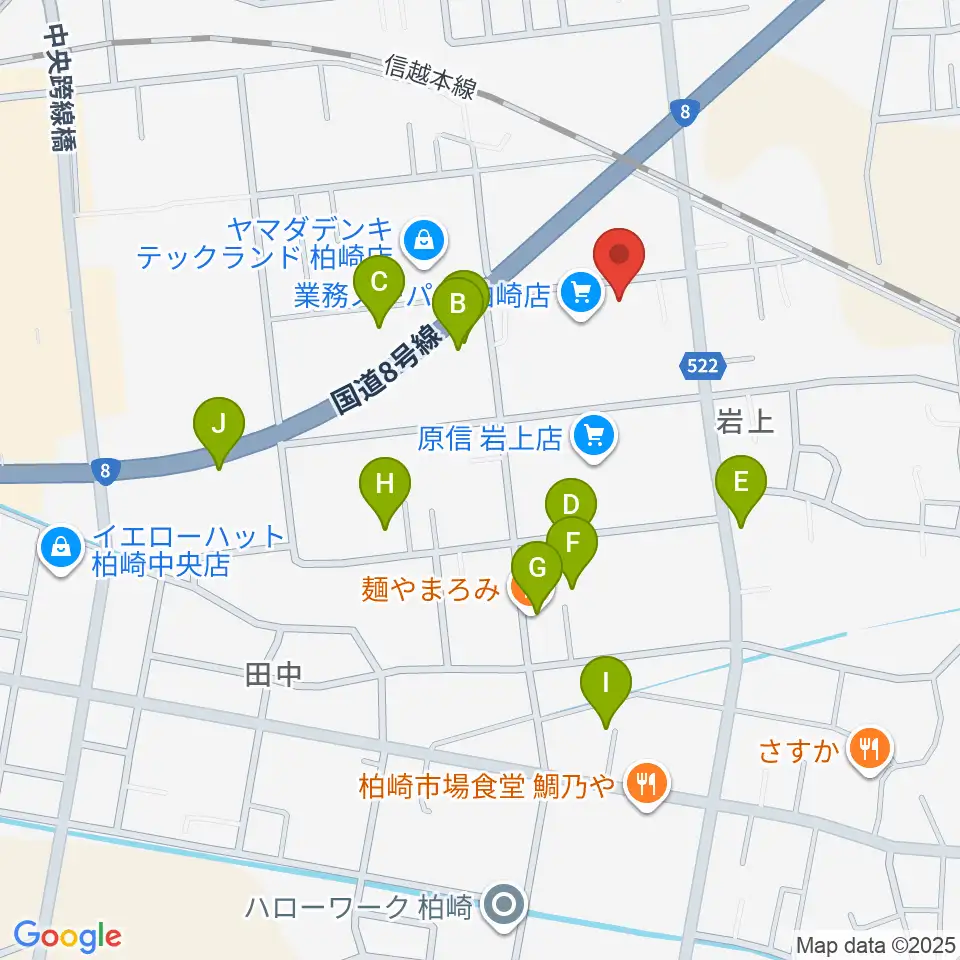 わたじん楽器 柏崎本店ララフィ周辺のファミレス・ファーストフード一覧地図