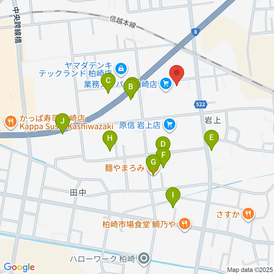 わたじん楽器 柏崎本店ララフィ周辺のファミレス・ファーストフード一覧地図