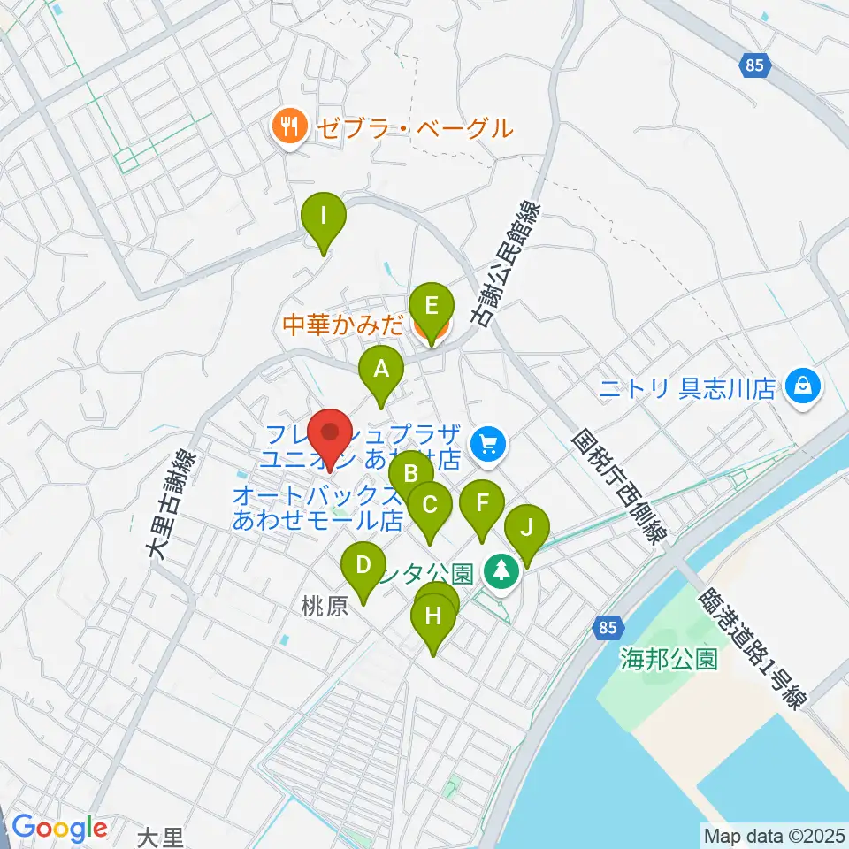 新崎太鼓三味線店周辺のファミレス・ファーストフード一覧地図