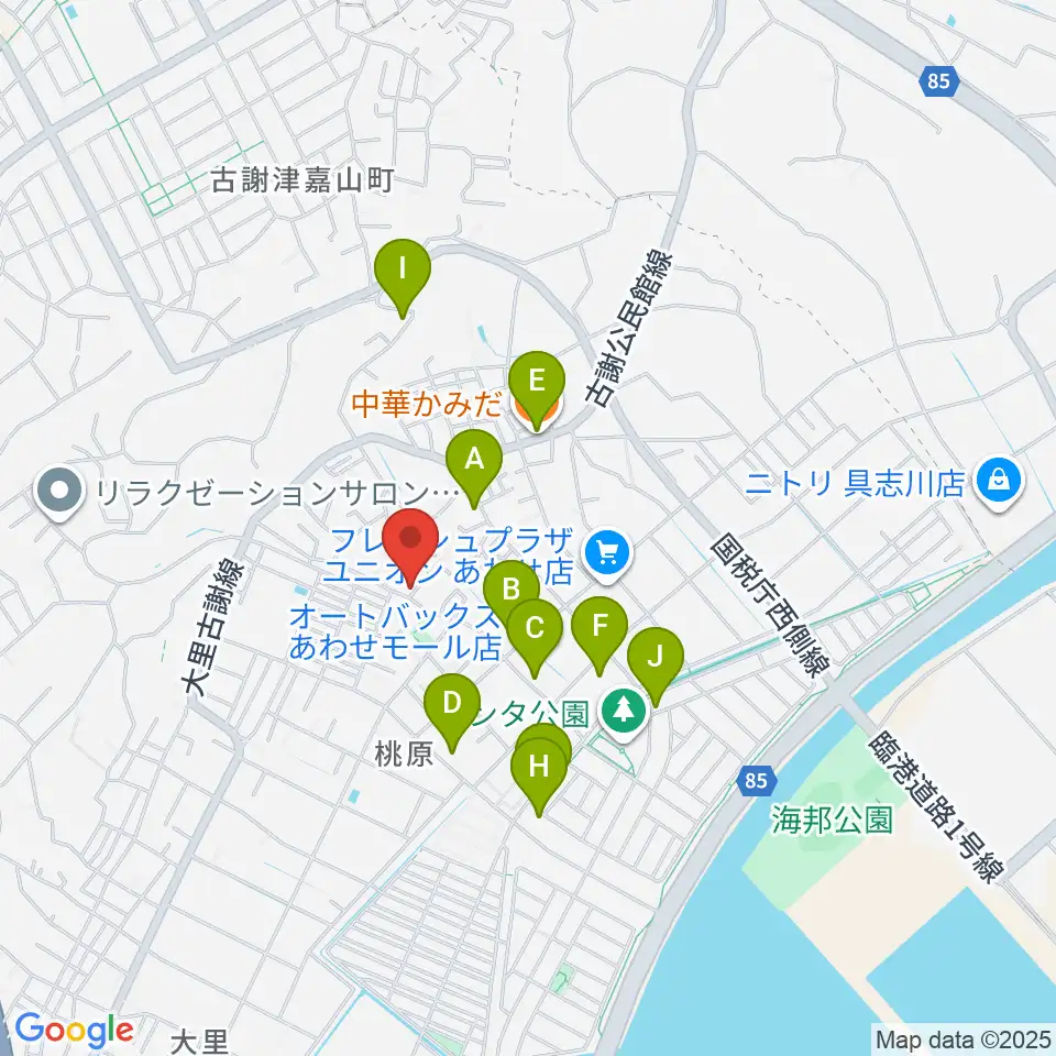 新崎太鼓三味線店周辺のファミレス・ファーストフード一覧地図