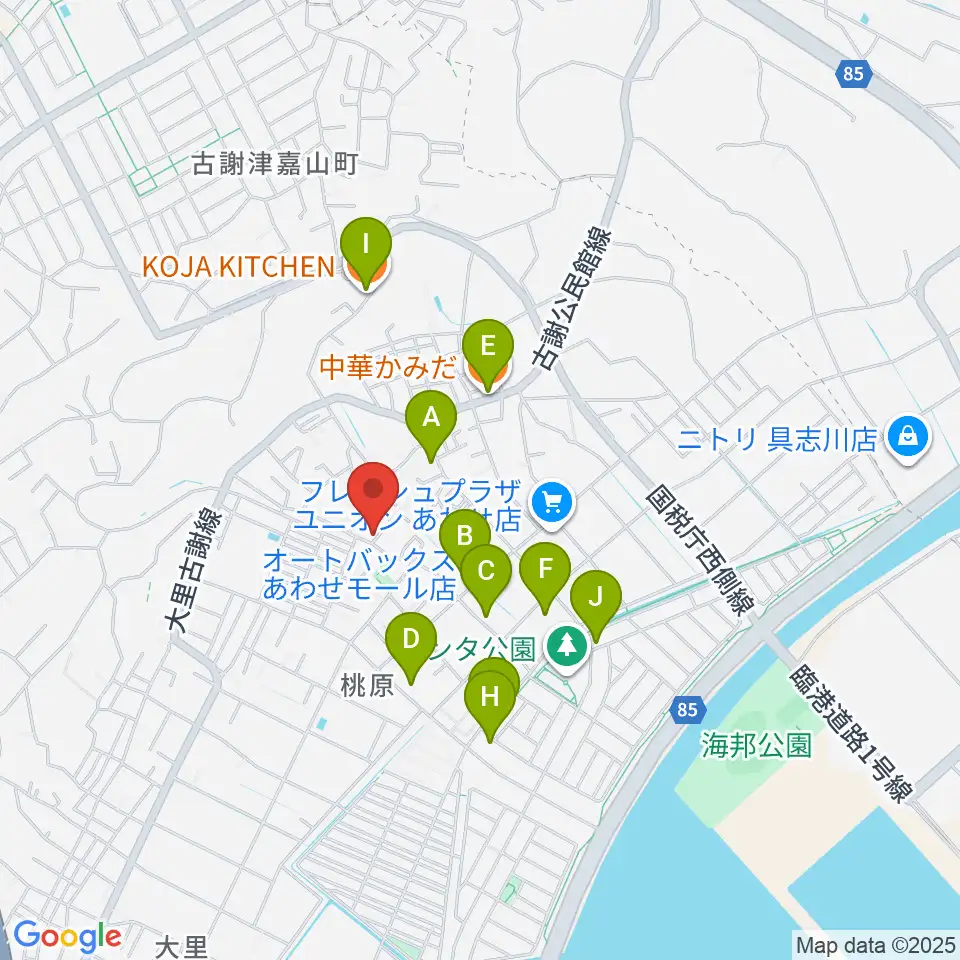 新崎太鼓三味線店周辺のファミレス・ファーストフード一覧地図