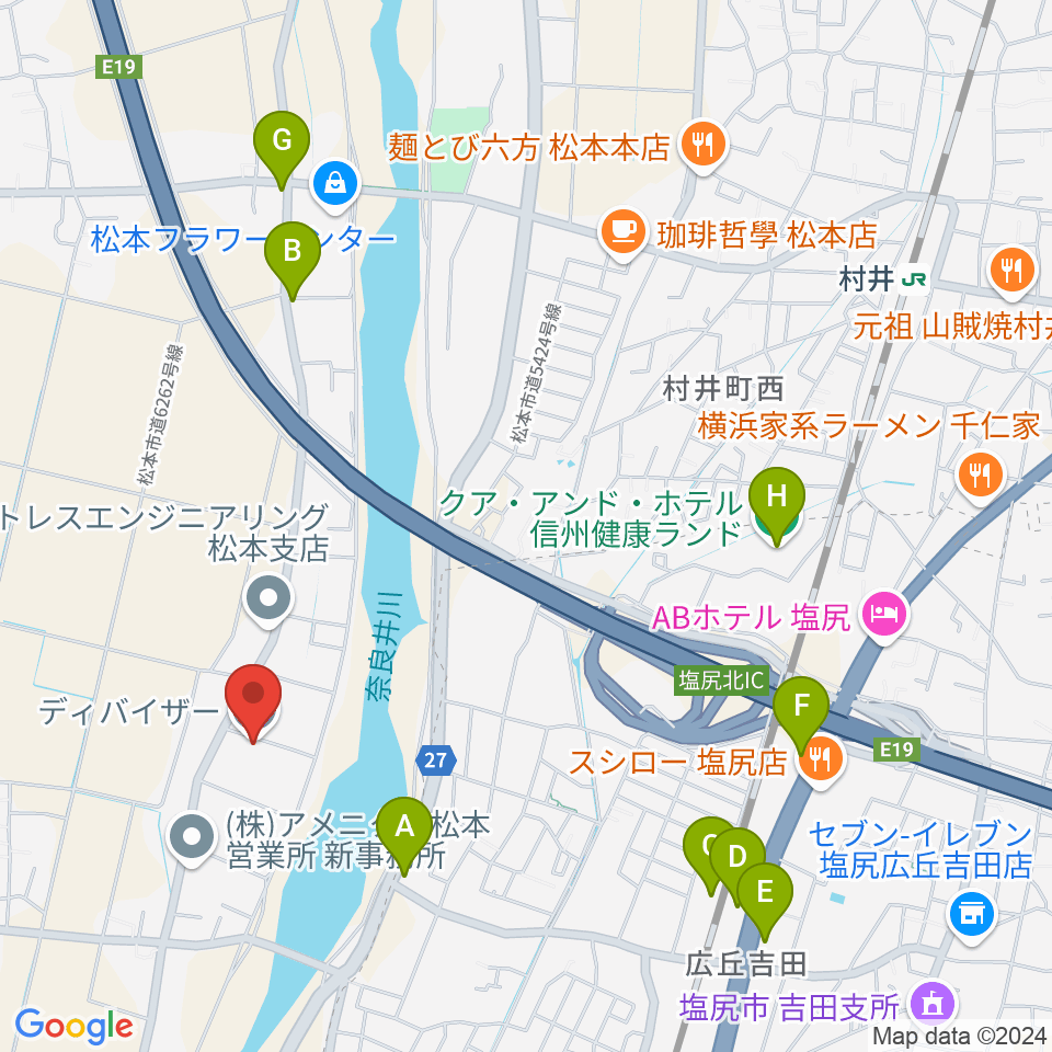 ディバイザー周辺のファミレス・ファーストフード一覧地図