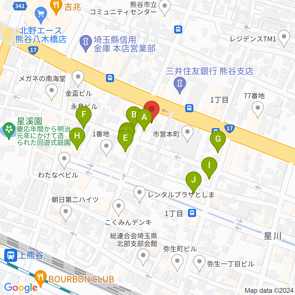 タニタ楽器 熊谷本店周辺のファミレス・ファーストフード一覧地図