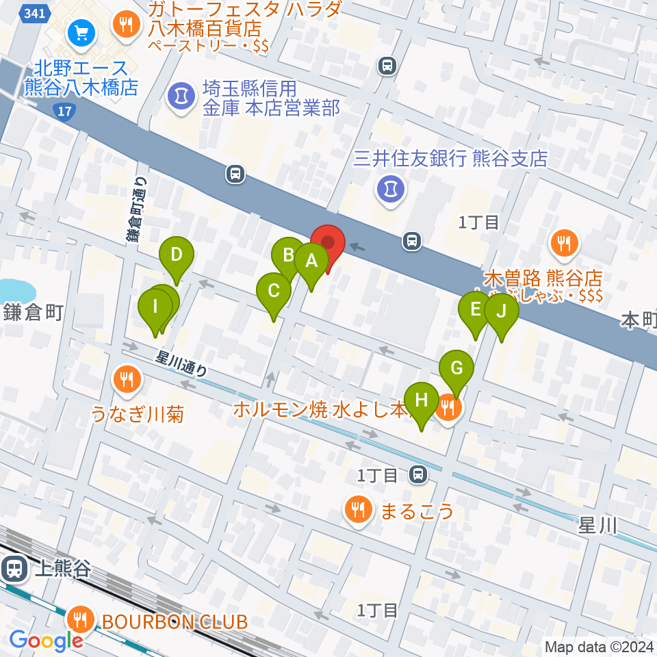 タニタ楽器 熊谷本店周辺のファミレス・ファーストフード一覧地図