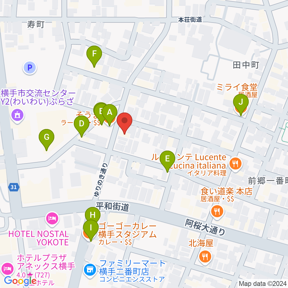 カシワヤ楽器 横手駅前店周辺のファミレス・ファーストフード一覧地図