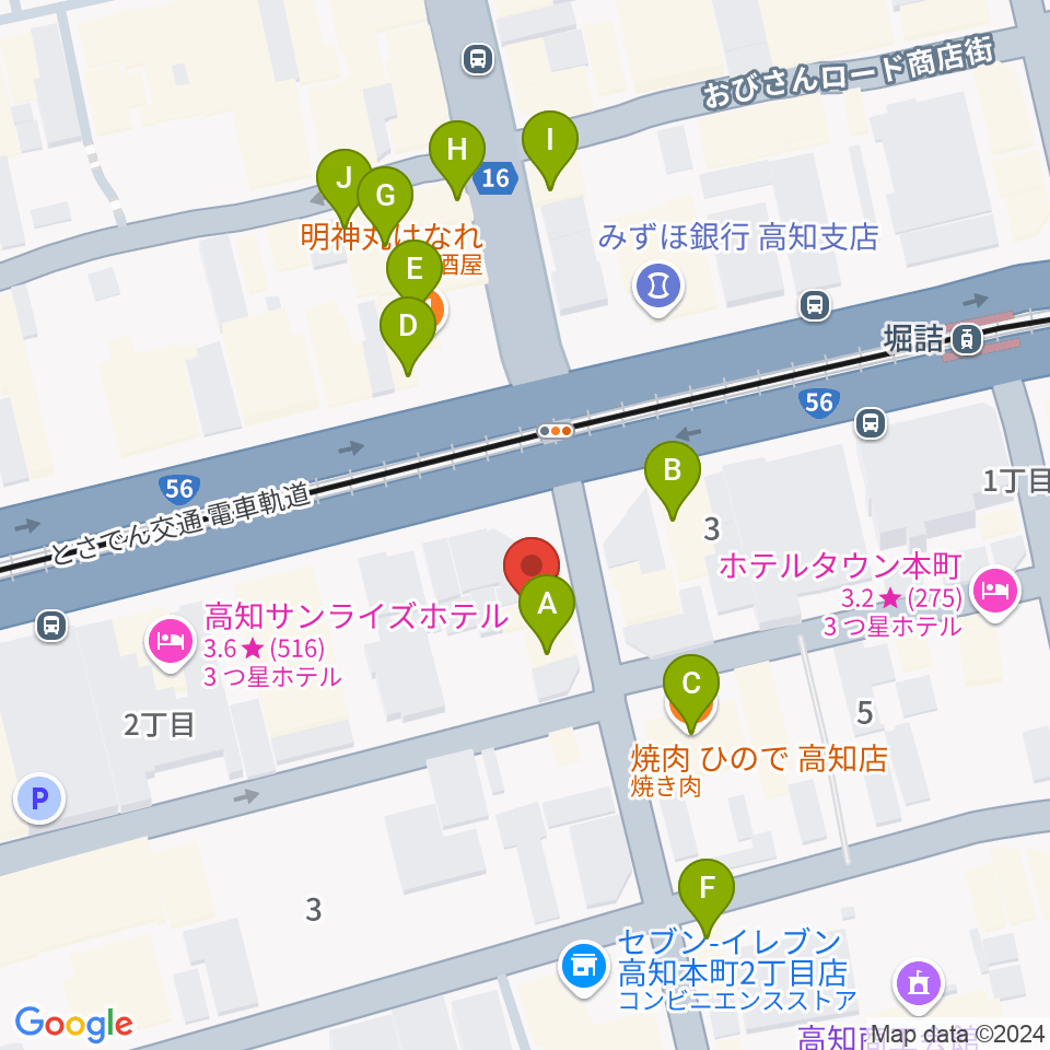 高知楽器周辺のファミレス・ファーストフード一覧地図