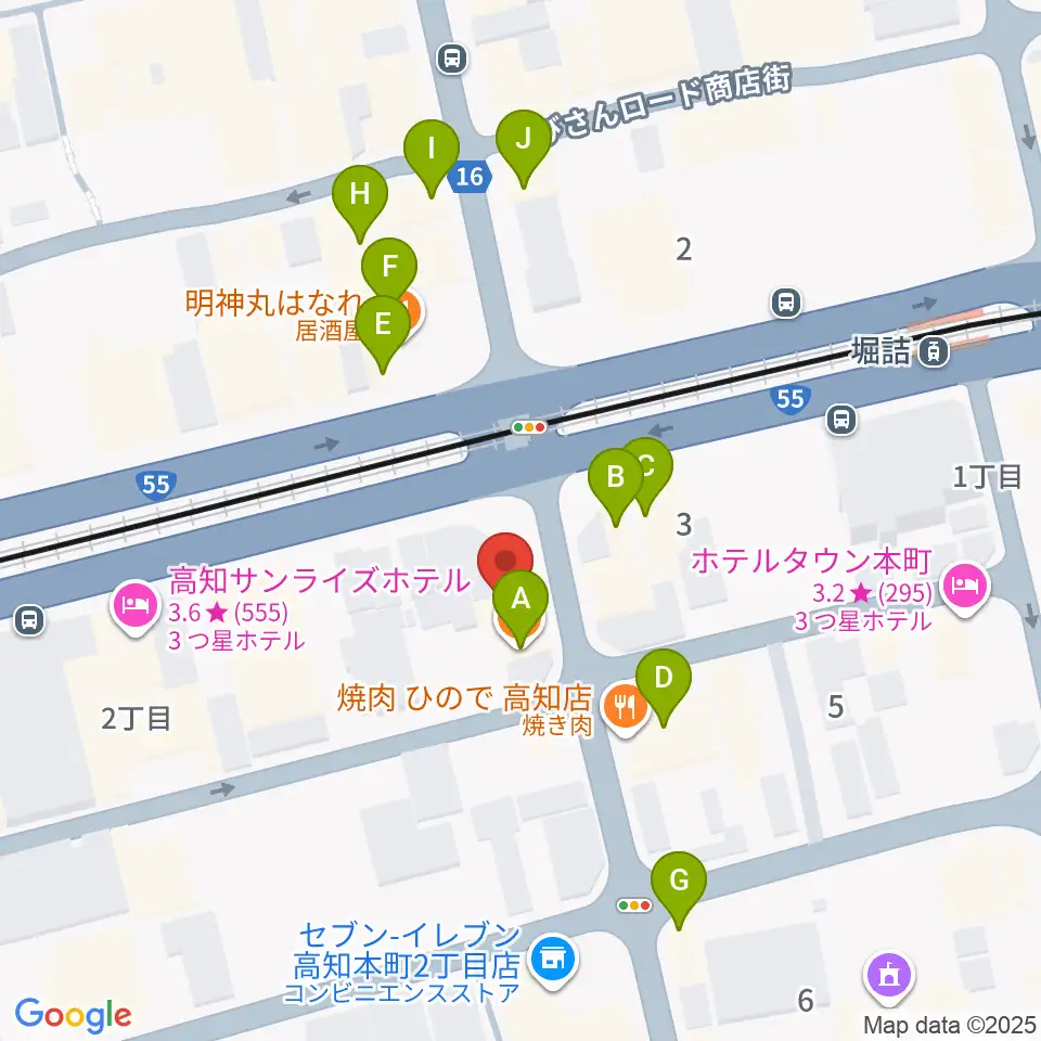 高知楽器周辺のファミレス・ファーストフード一覧地図
