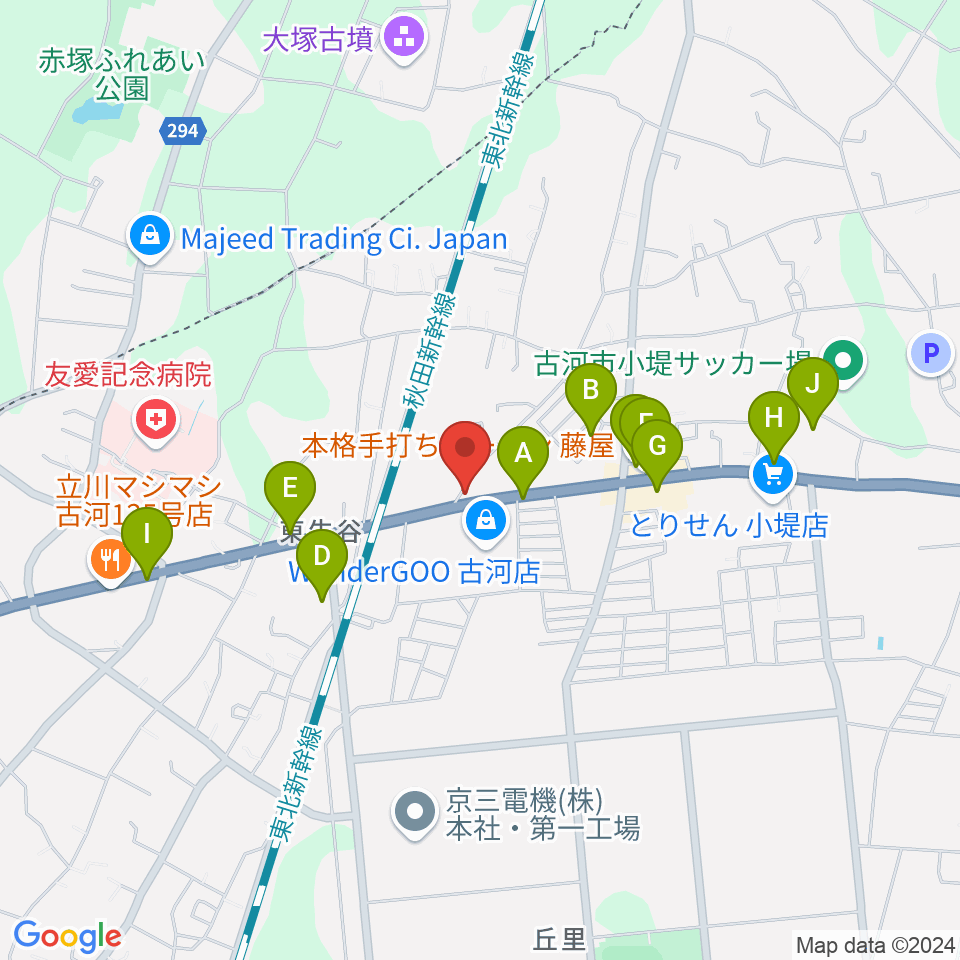 古河ピアノガーデン周辺のファミレス・ファーストフード一覧地図