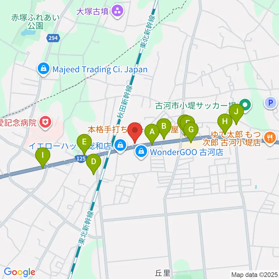 古河ピアノガーデン周辺のファミレス・ファーストフード一覧地図