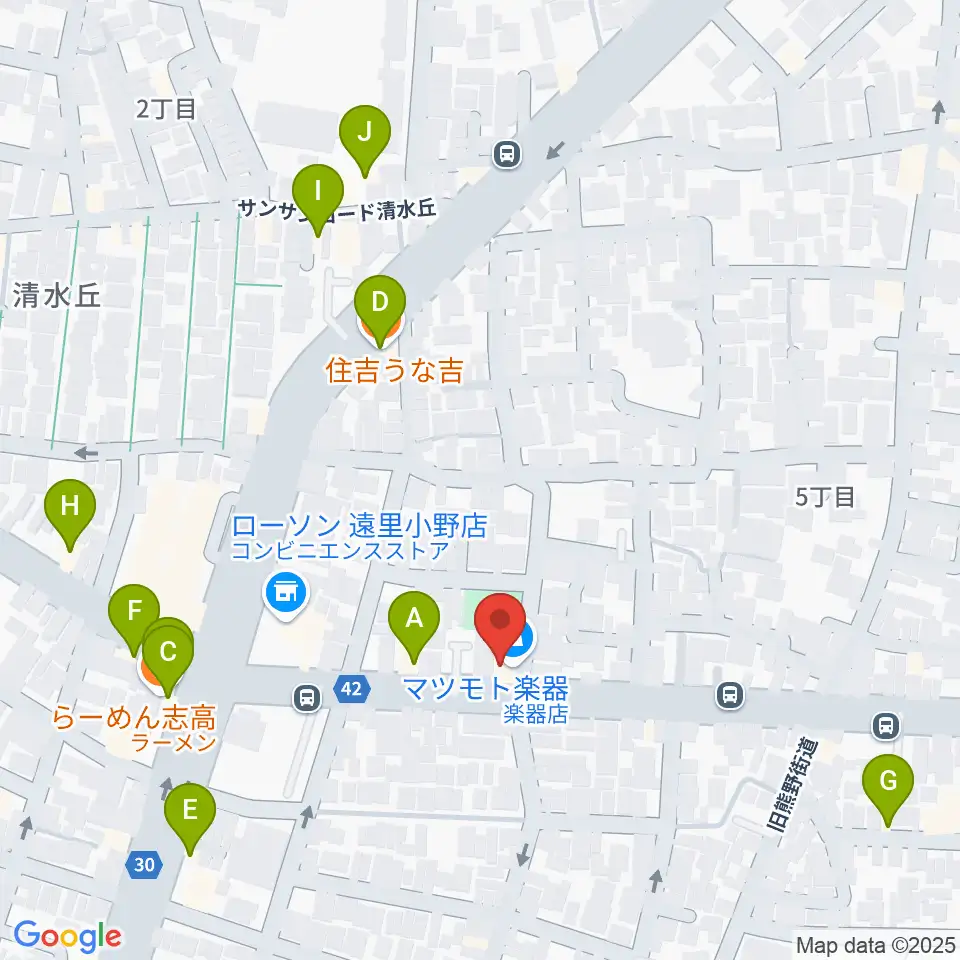 マツモト楽器周辺のファミレス・ファーストフード一覧地図