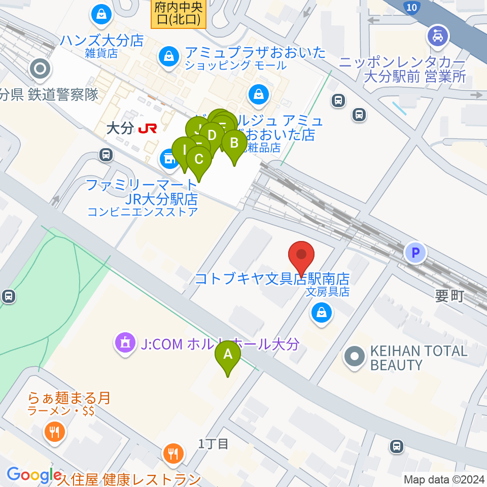 ミュージックストアナガト大分店周辺のファミレス・ファーストフード一覧地図