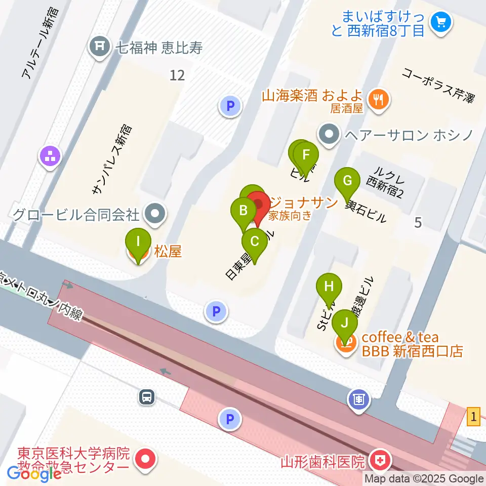村松楽器 新宿店周辺のファミレス・ファーストフード一覧地図