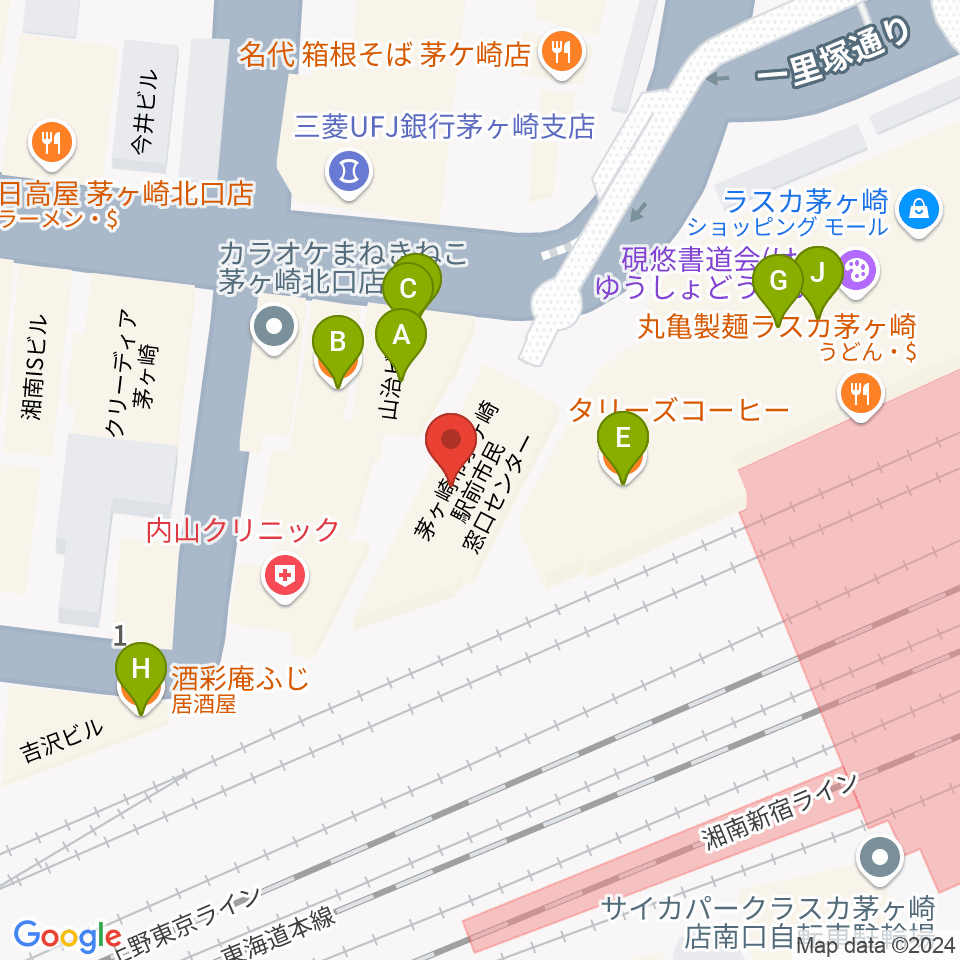 長谷川楽器北口店周辺のファミレス・ファーストフード一覧地図