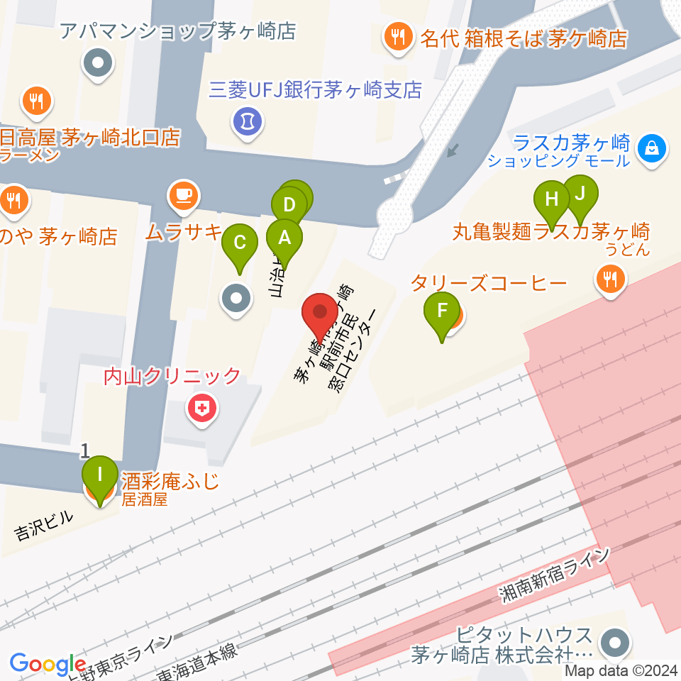 長谷川楽器北口店周辺のファミレス・ファーストフード一覧地図