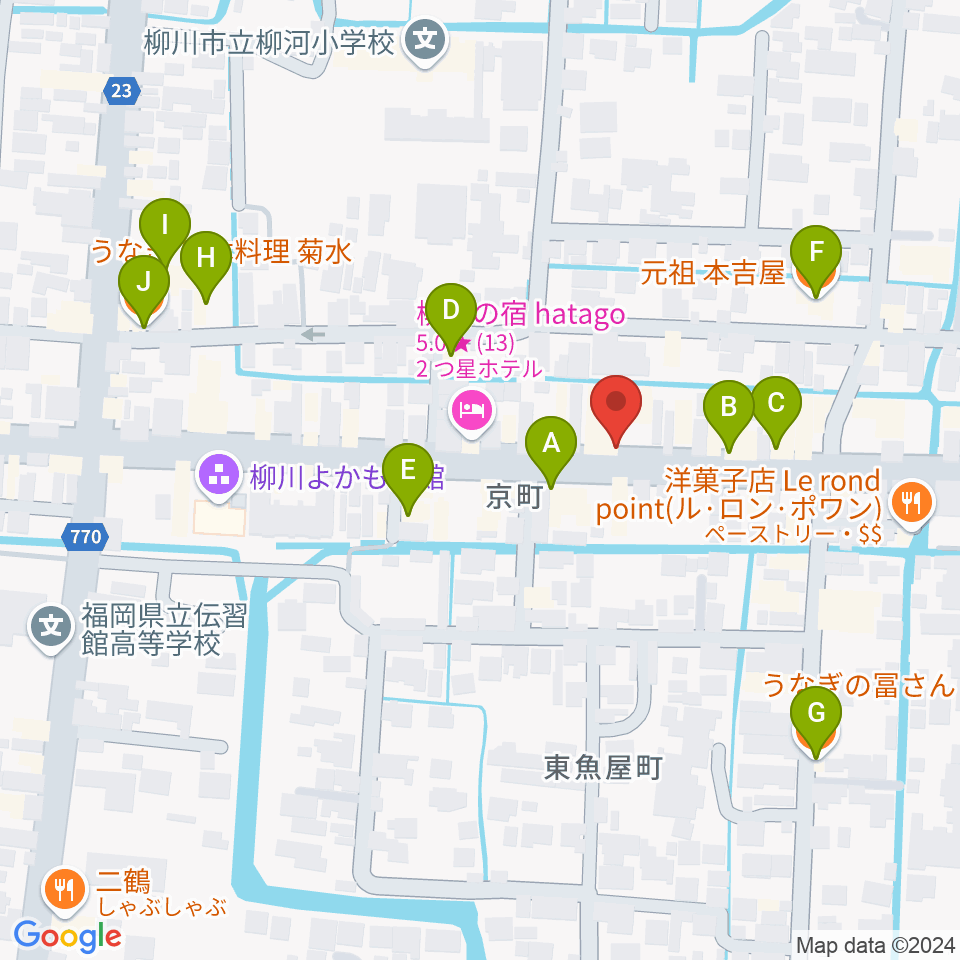 小川楽器 柳川店周辺のファミレス・ファーストフード一覧地図