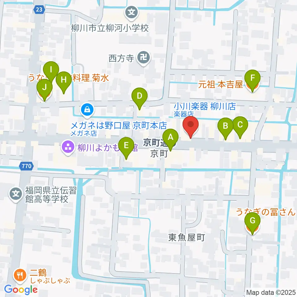 小川楽器 柳川店周辺のファミレス・ファーストフード一覧地図
