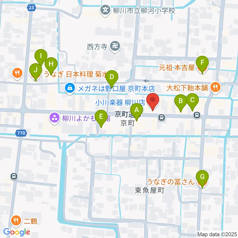 小川楽器 柳川店周辺のファミレス・ファーストフード一覧地図