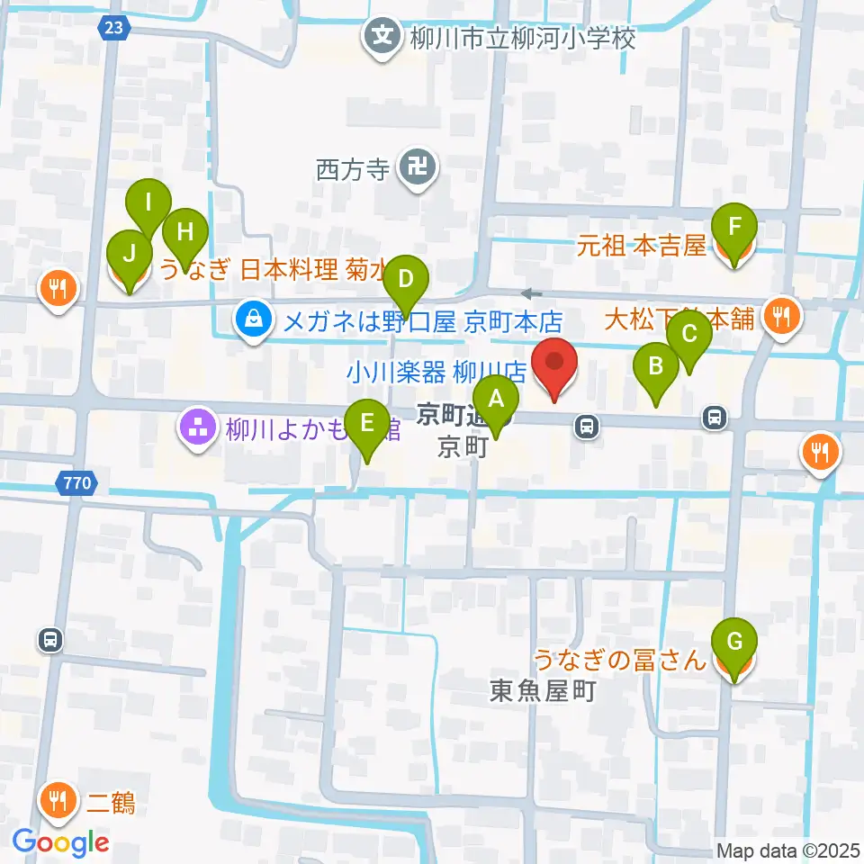 小川楽器 柳川店周辺のファミレス・ファーストフード一覧地図