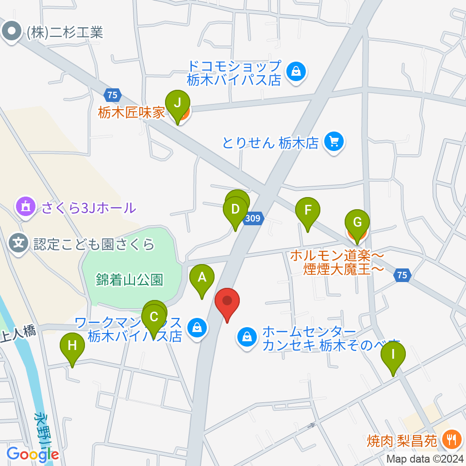 オオノ楽器 栃木店周辺のファミレス・ファーストフード一覧地図