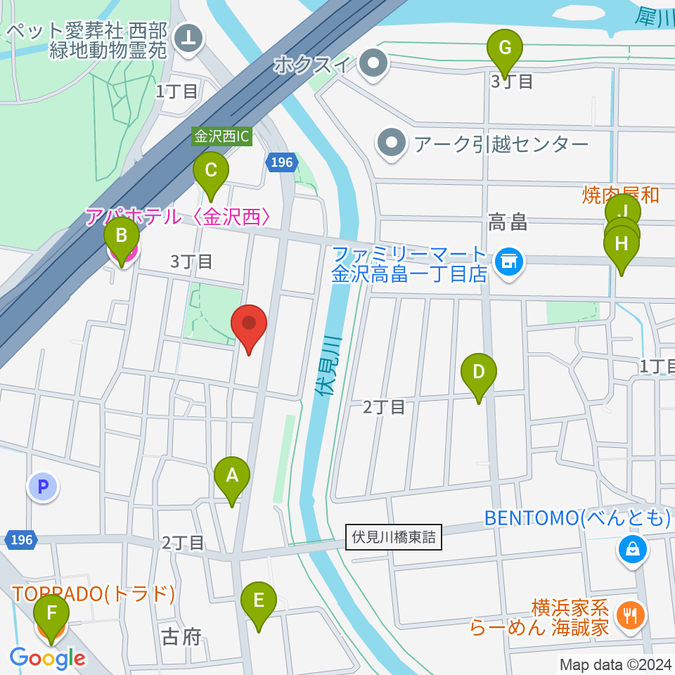 ピアノ工房カナザワ周辺のファミレス・ファーストフード一覧地図