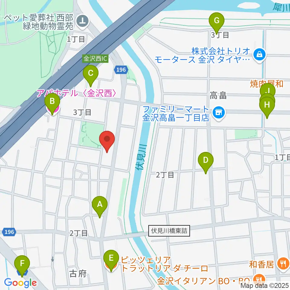 ピアノ工房カナザワ周辺のファミレス・ファーストフード一覧地図