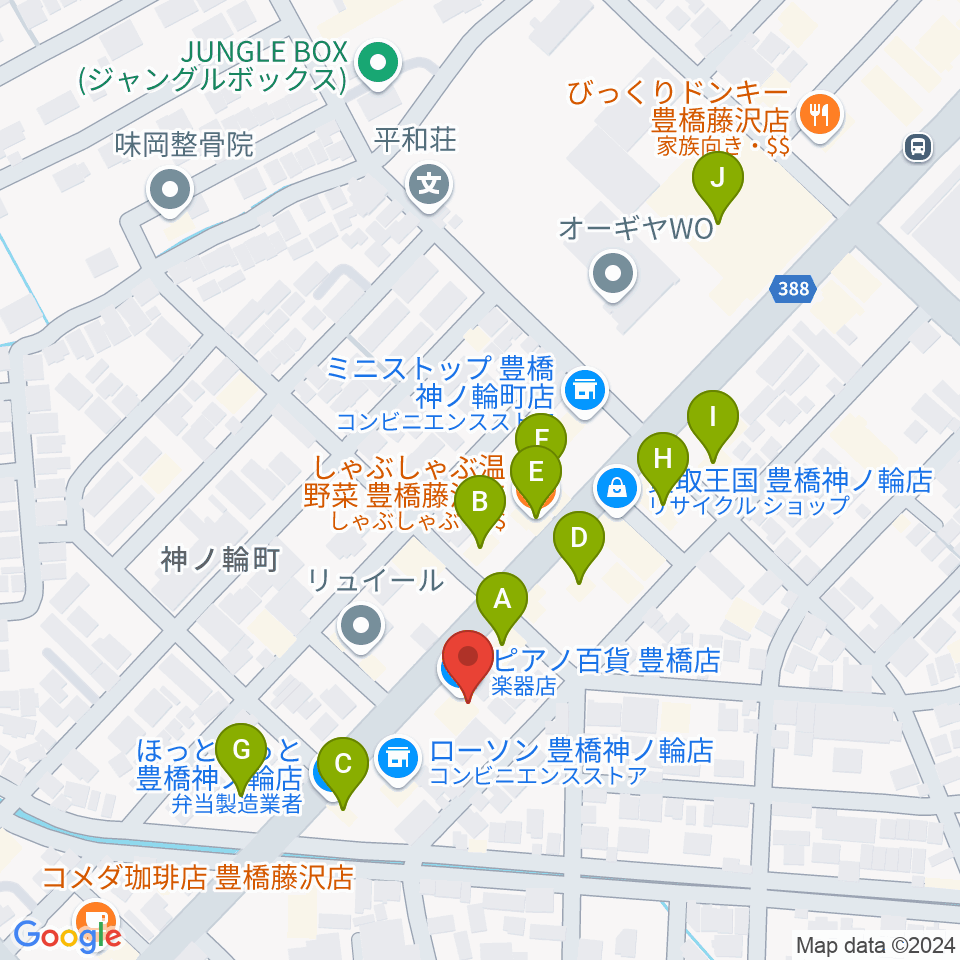 ピアノ百貨 豊橋店周辺のファミレス・ファーストフード一覧地図