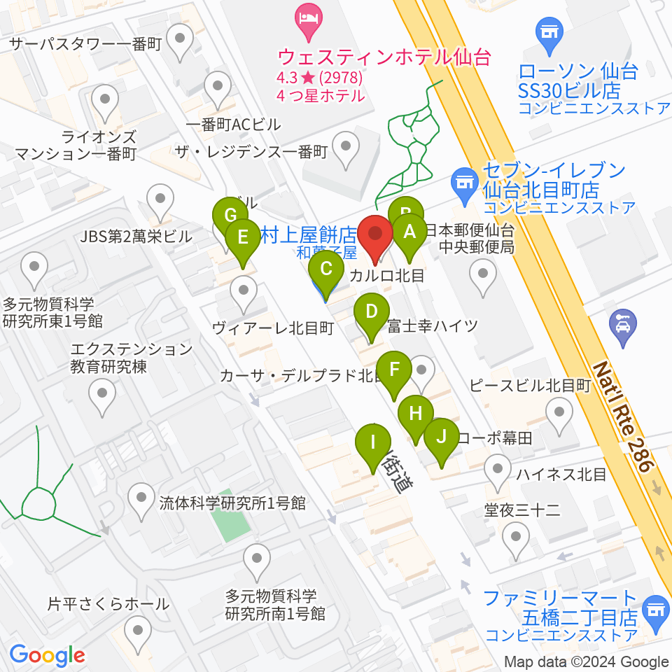 ピアノテック仙台周辺のファミレス・ファーストフード一覧地図