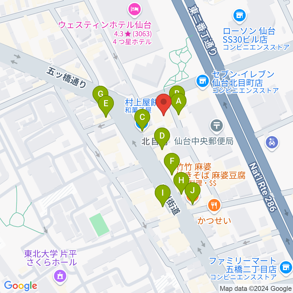 ピアノテック仙台周辺のファミレス・ファーストフード一覧地図