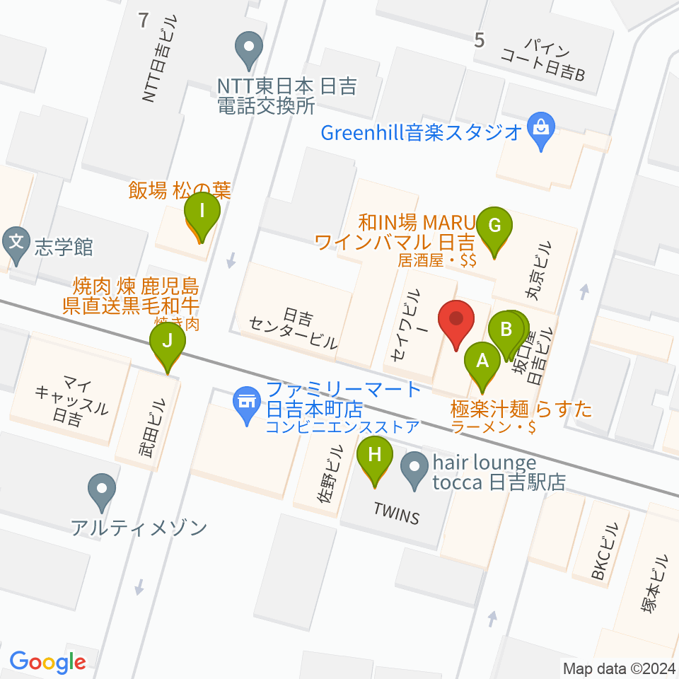山響楽器店 日吉店周辺のファミレス・ファーストフード一覧地図