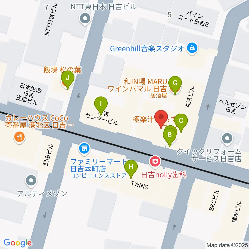 山響楽器店 日吉店周辺のファミレス・ファーストフード一覧地図