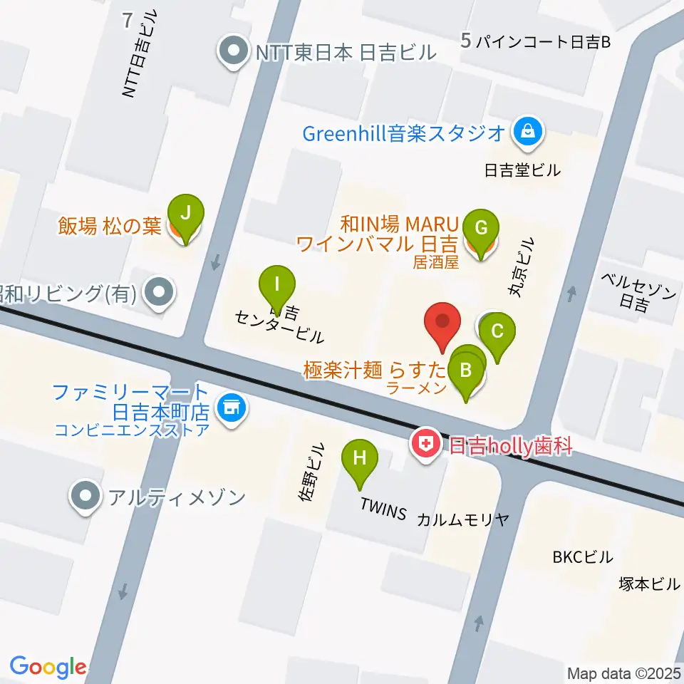 山響楽器店 日吉店周辺のファミレス・ファーストフード一覧地図