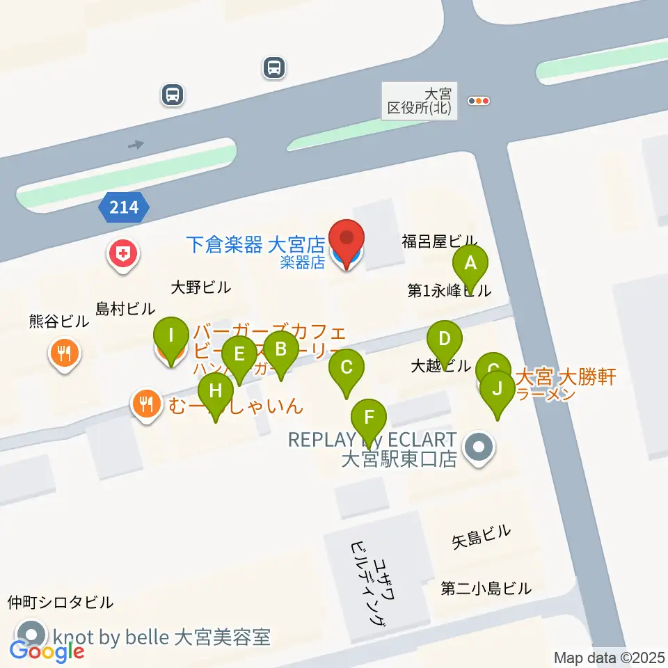 下倉楽器 大宮店周辺のファミレス・ファーストフード一覧地図