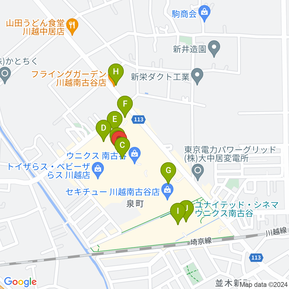 昭和楽器 川越店周辺のファミレス・ファーストフード一覧地図