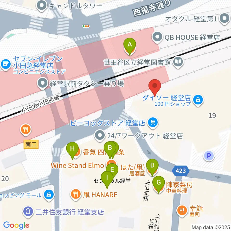 スガナミ楽器経堂店・グランドピアノサロン周辺のファミレス・ファーストフード一覧地図