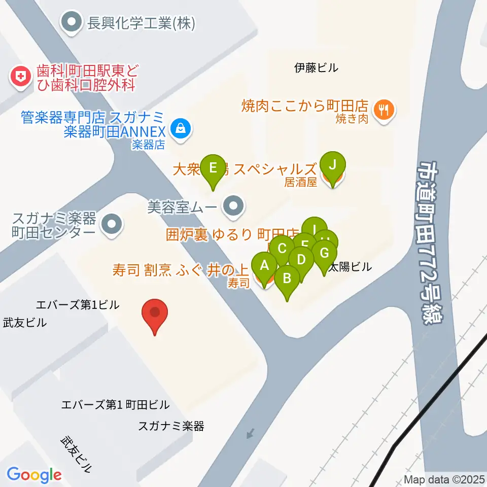 スガナミ楽器 町田店周辺のファミレス・ファーストフード一覧地図