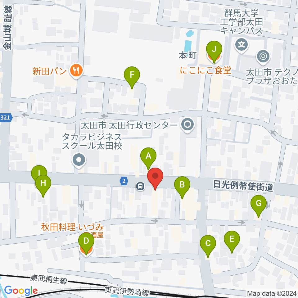 鈴木楽器 太田本町店周辺のファミレス・ファーストフード一覧地図