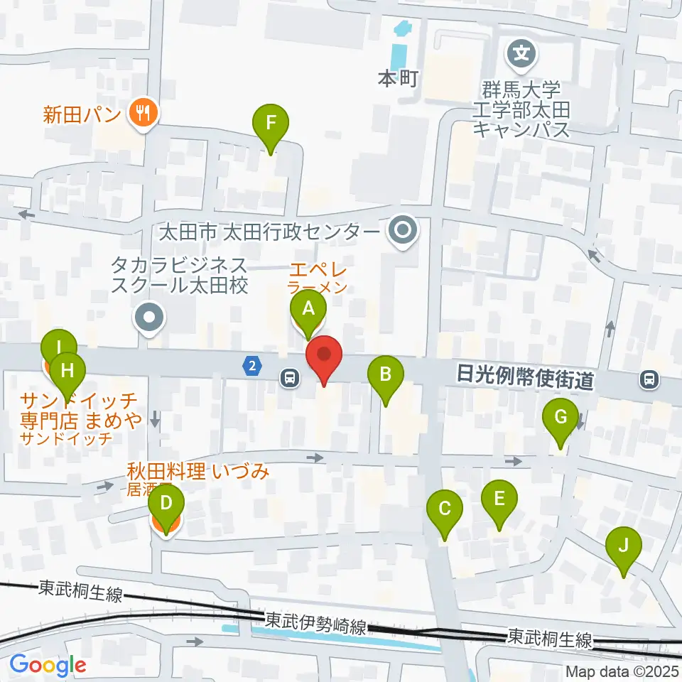 鈴木楽器 太田本町店周辺のファミレス・ファーストフード一覧地図
