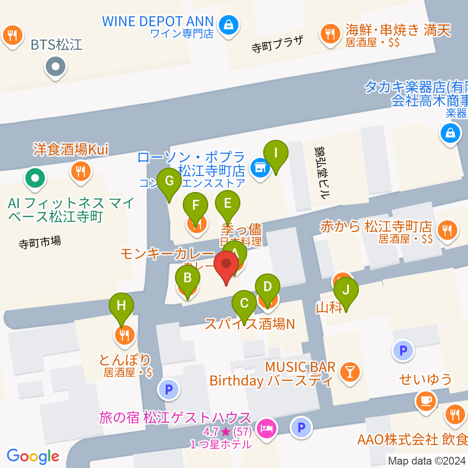 タカキ楽器店周辺のファミレス・ファーストフード一覧地図