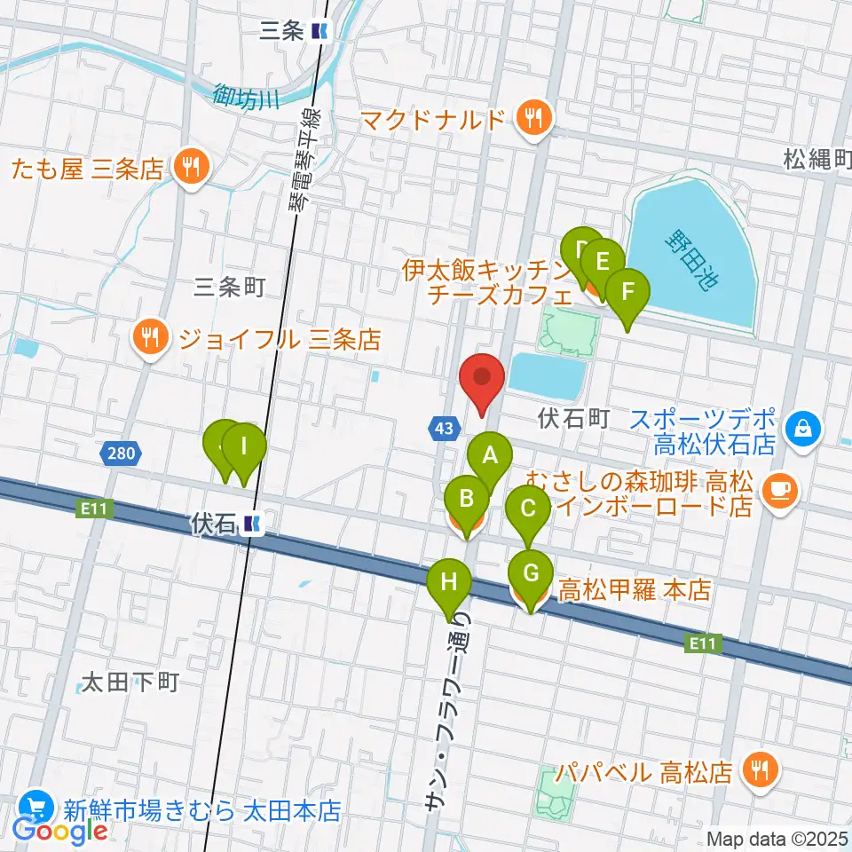 たかまつ楽器周辺のファミレス・ファーストフード一覧地図