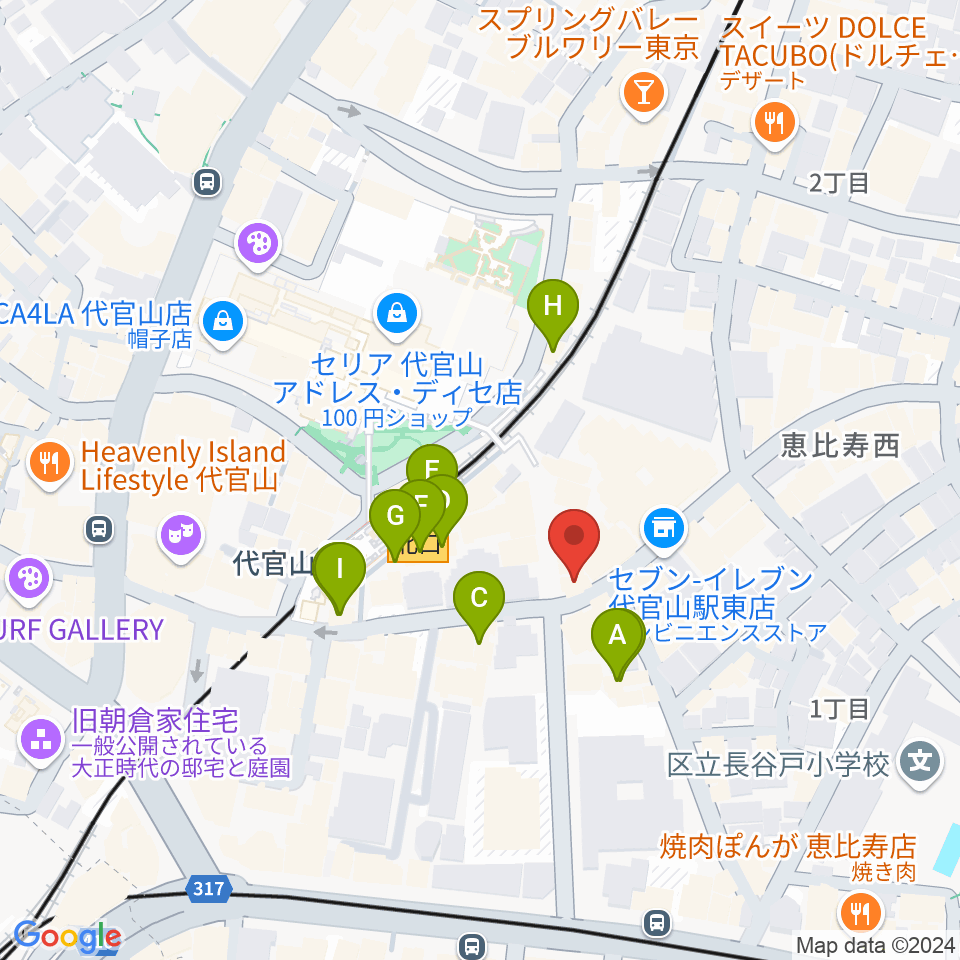 ミュージックプラザ 代官山本店周辺のファミレス・ファーストフード一覧地図