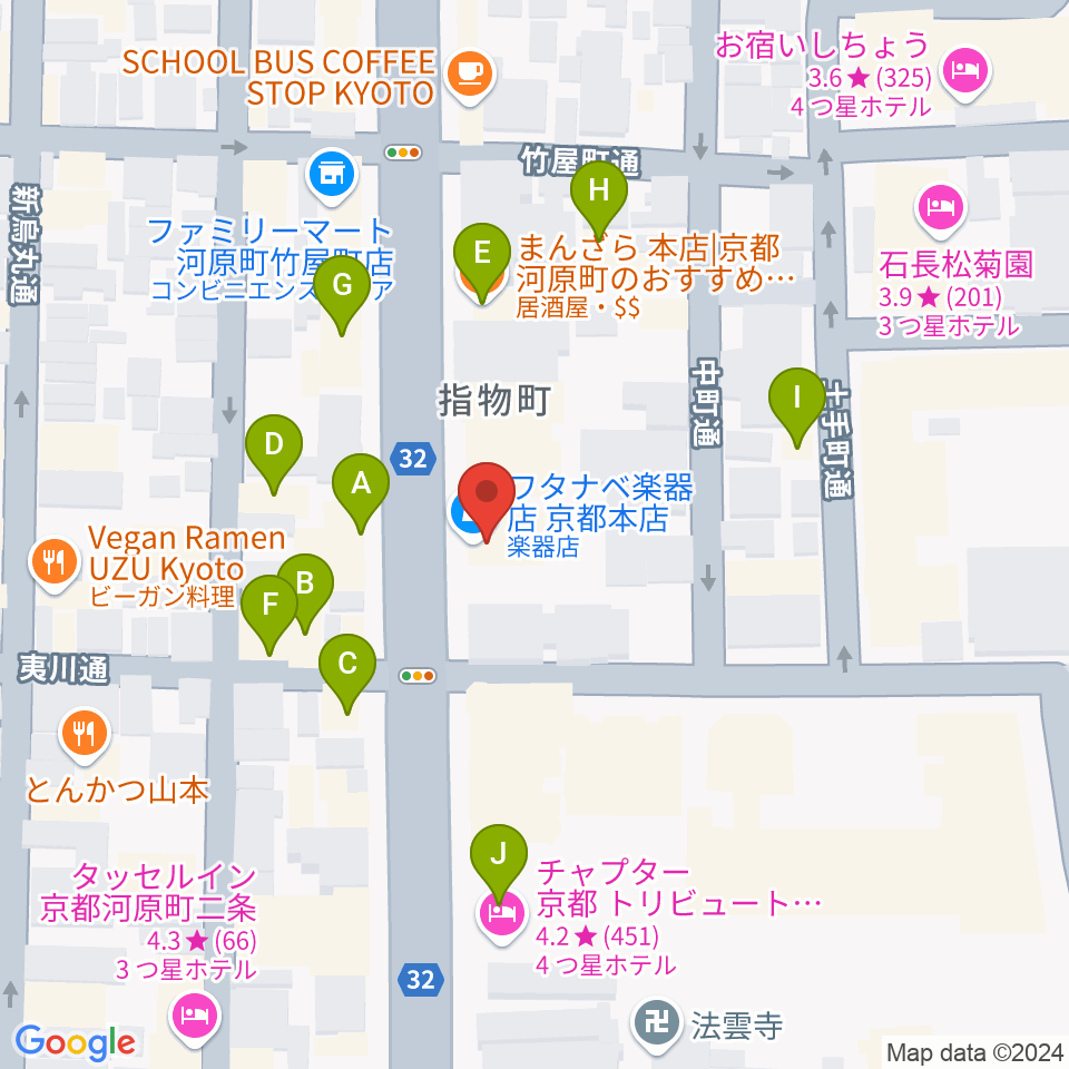 ワタナベ楽器店 京都本店周辺のファミレス・ファーストフード一覧地図