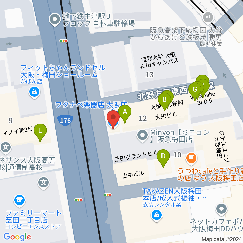 ワタナベ楽器店 大阪店周辺のファミレス・ファーストフード一覧地図