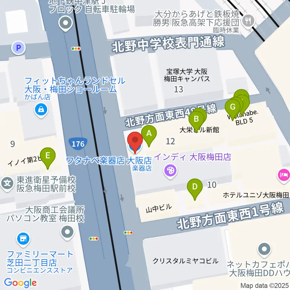 ワタナベ楽器店 大阪店周辺のファミレス・ファーストフード一覧地図